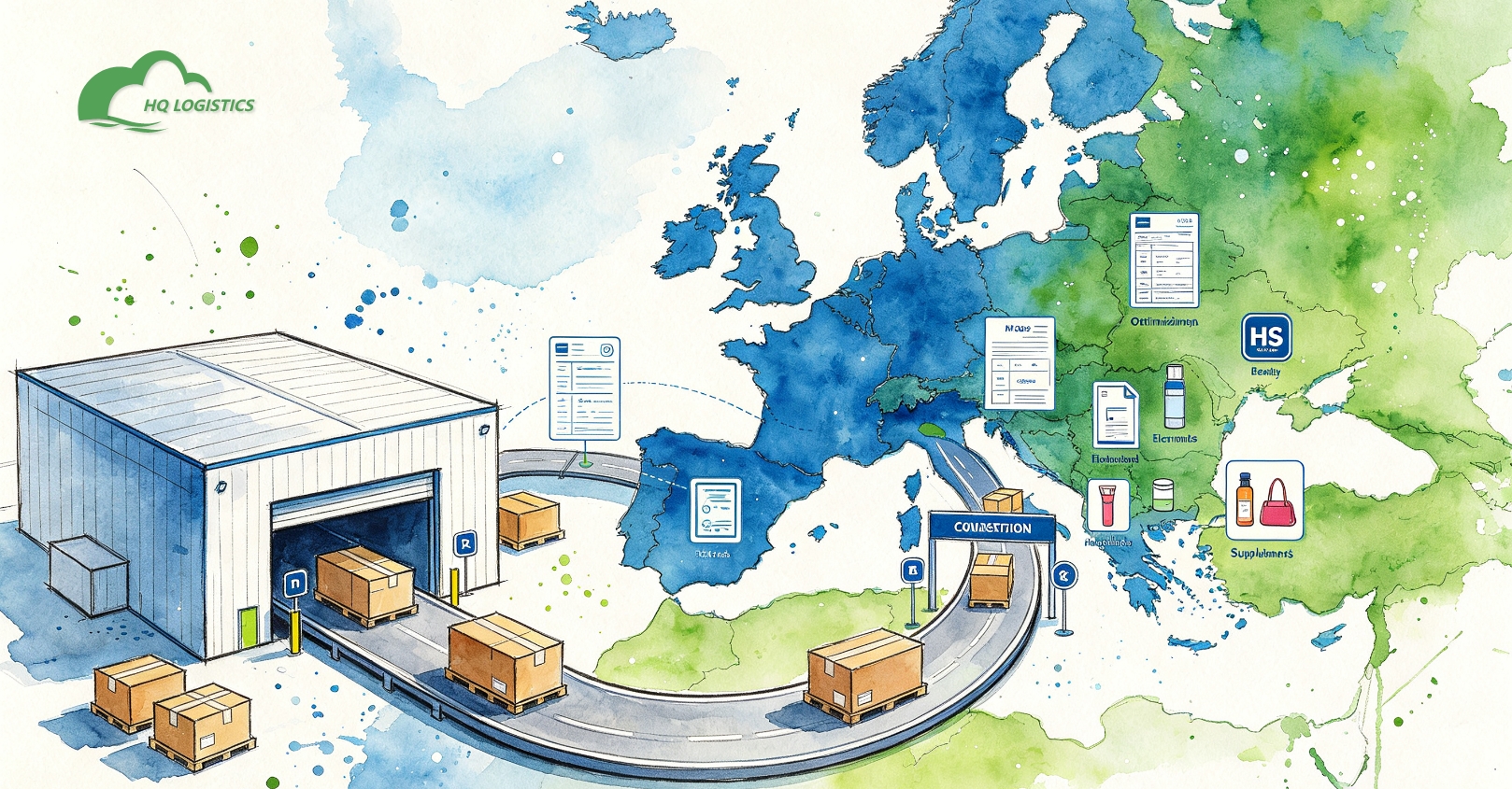 EU customs duty ecommerce, HS Code shipping Europe, Europe special goods shipping line, Shopify shipping Europe, sensitive goods fulfillment Europe, EU ecommerce logistics, cosmetics shipping Europe, supplement shipping Europe, HQ LOGISTICS
