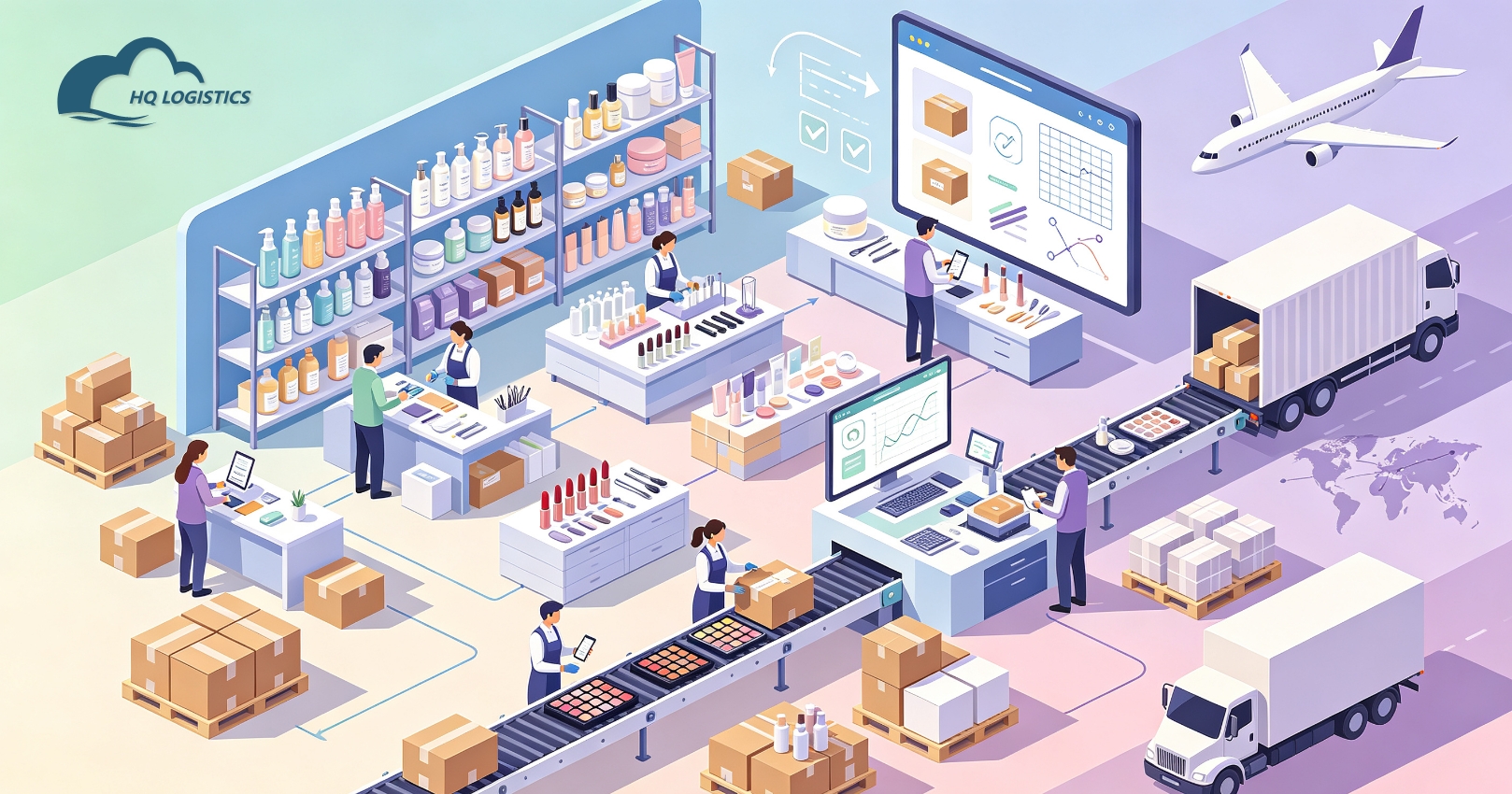 US cosmetics shipping, Shopify beauty fulfillment, beauty product shipping USA, skincare shipping USA, cosmetics logistics, Shopify cosmetics shipping, dropshipping beauty products, sensitive goods shipping, US beauty fulfillment, HQ LOGISTICS beauty shipping