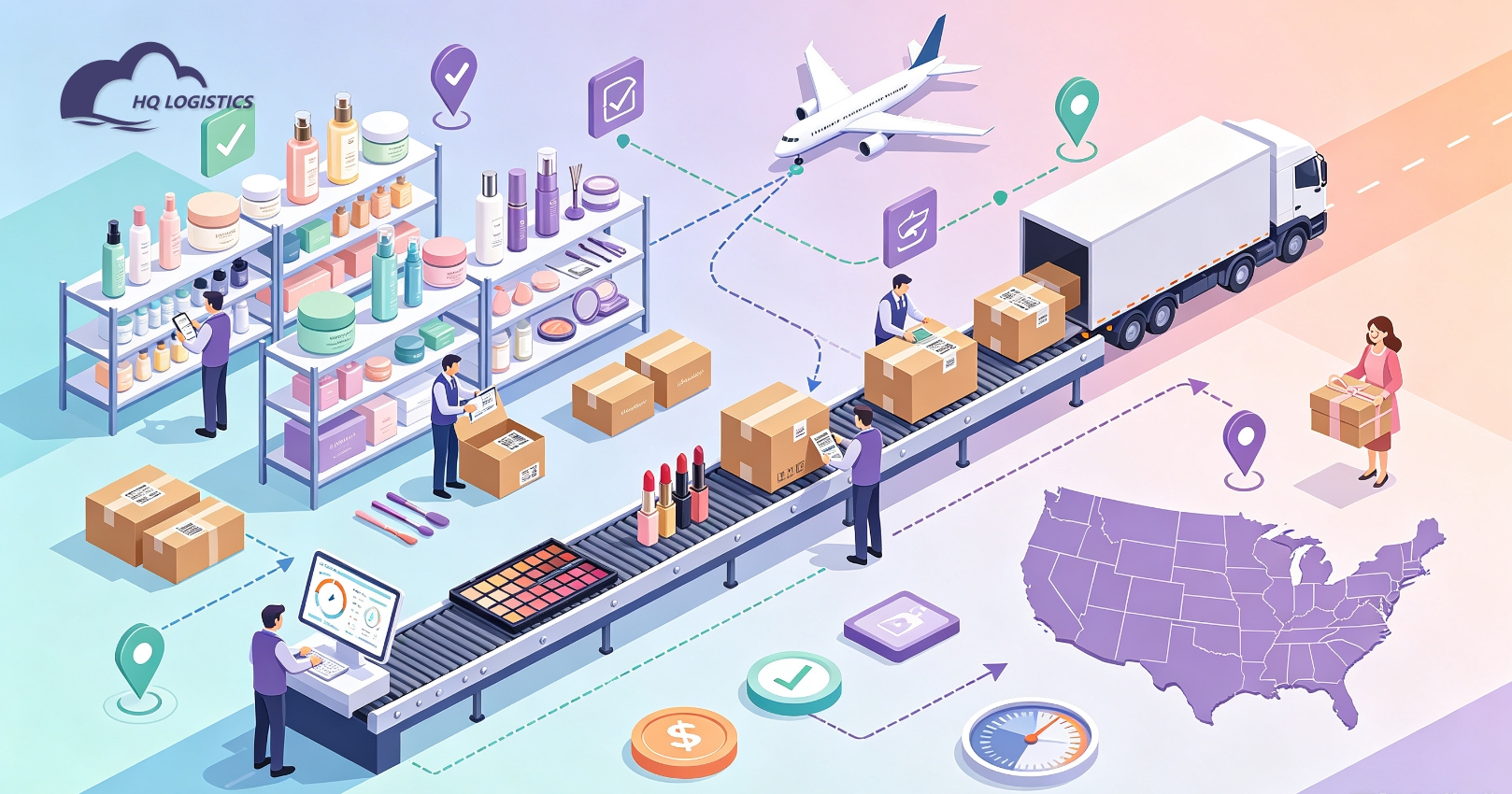US cosmetics shipping, Shopify beauty fulfillment, beauty product shipping USA, skincare shipping USA, cosmetics logistics, Shopify cosmetics shipping, dropshipping beauty products, sensitive goods shipping, US beauty fulfillment, HQ LOGISTICS beauty shipping