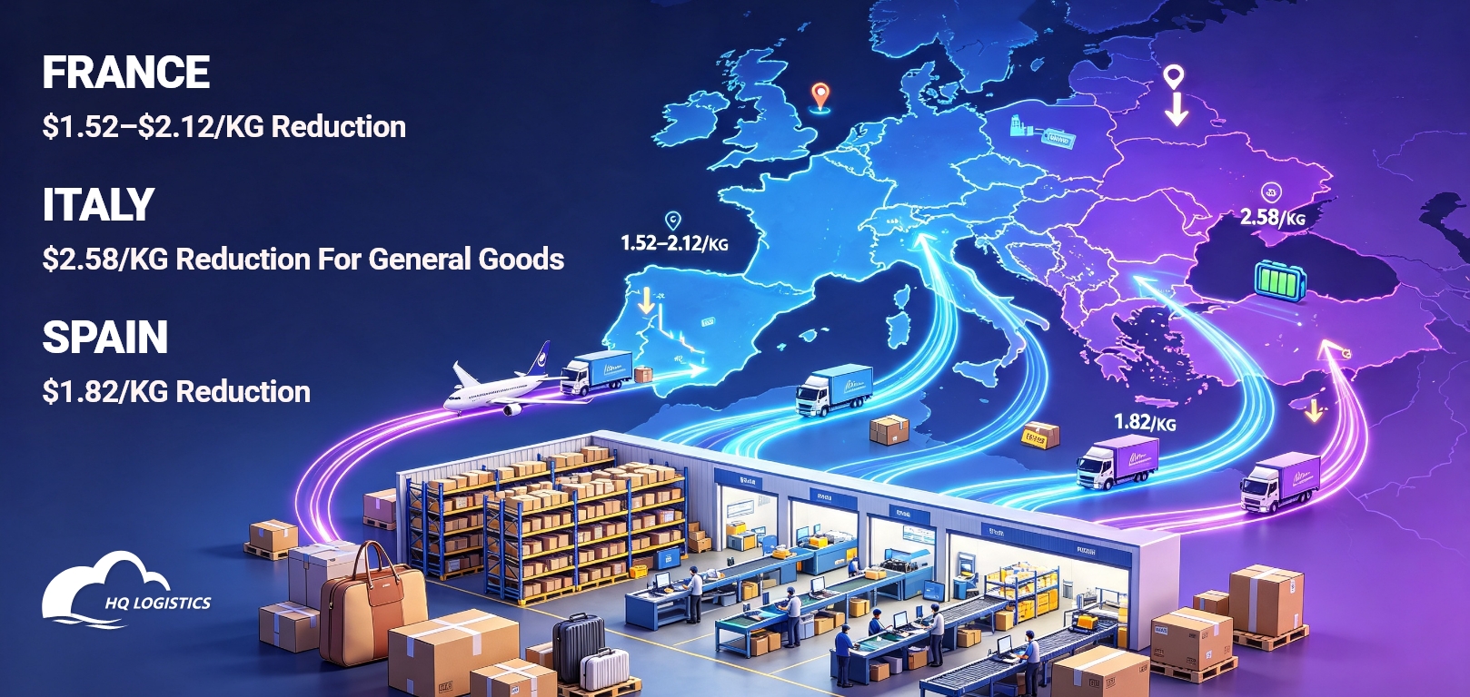 France, Italy and Spain Also See Rate Reductions.jpg European shipping rates / Shopify shipping Europe / ecommerce shipping Europe / Germany shipping from China / France ecommerce shipping / Italy shipping from China / Spain ecommerce logistics / battery product shipping Europe / Shopify fulfillment Europe / European 3PL / China to Europe shipping / Q4 ecommerce logistics